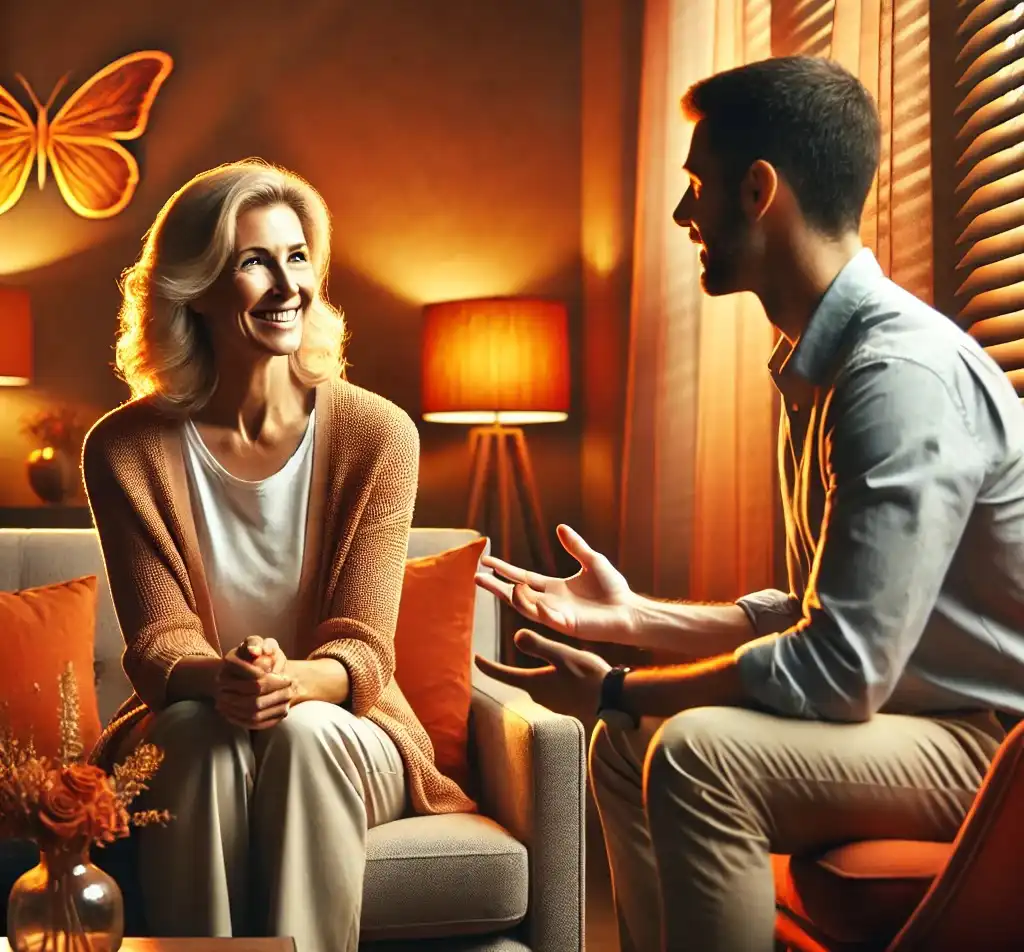 Två glada personer som sitter och pratar i en coaching session